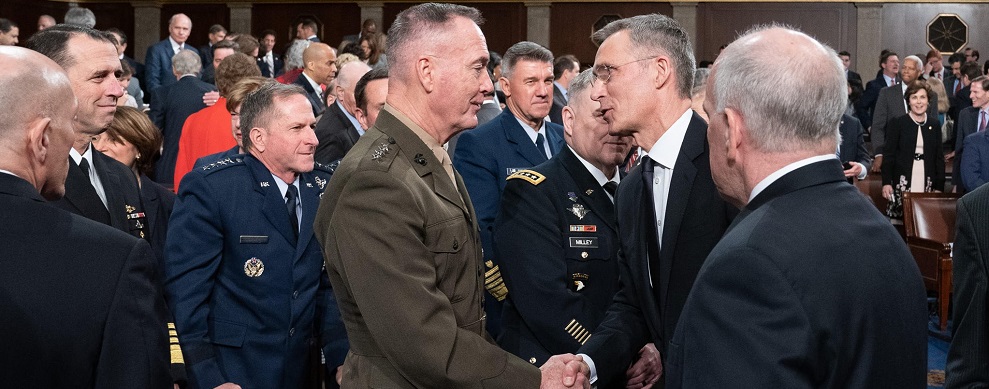 Chairman of the Joint Chiefs of Staff Gen. Joe Dunford greets NATO Secretary General Jens Stoltenberg ahead of his historic address to the joint meeting of Congress, April 3, 2019. (White House photo by D. Myles Cullen)